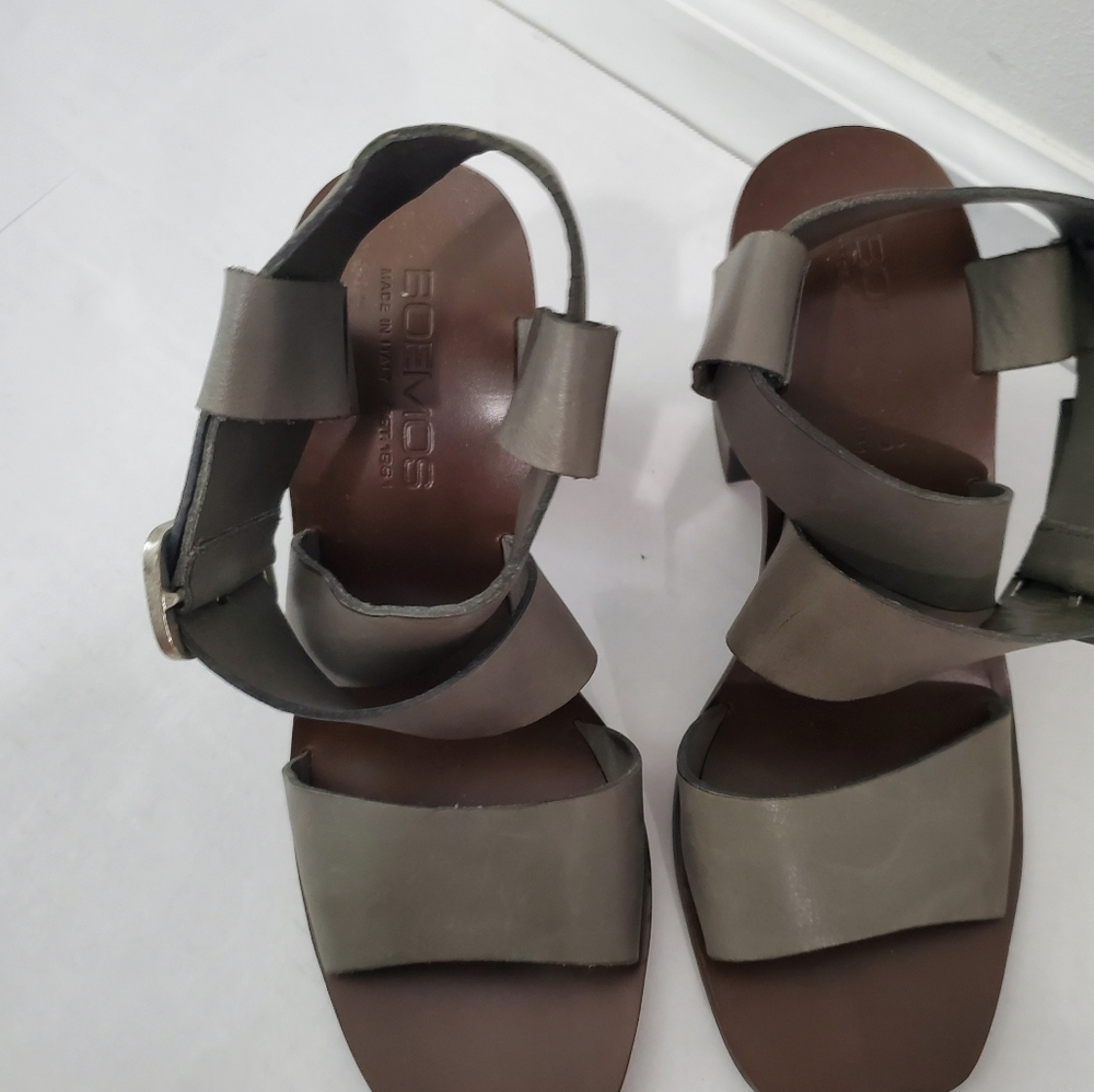 Boemos Italy Block Heel Sandals Eu Size 40 Us 9.5 Dark Gray Leather Square Toe - Picture 3 of 13